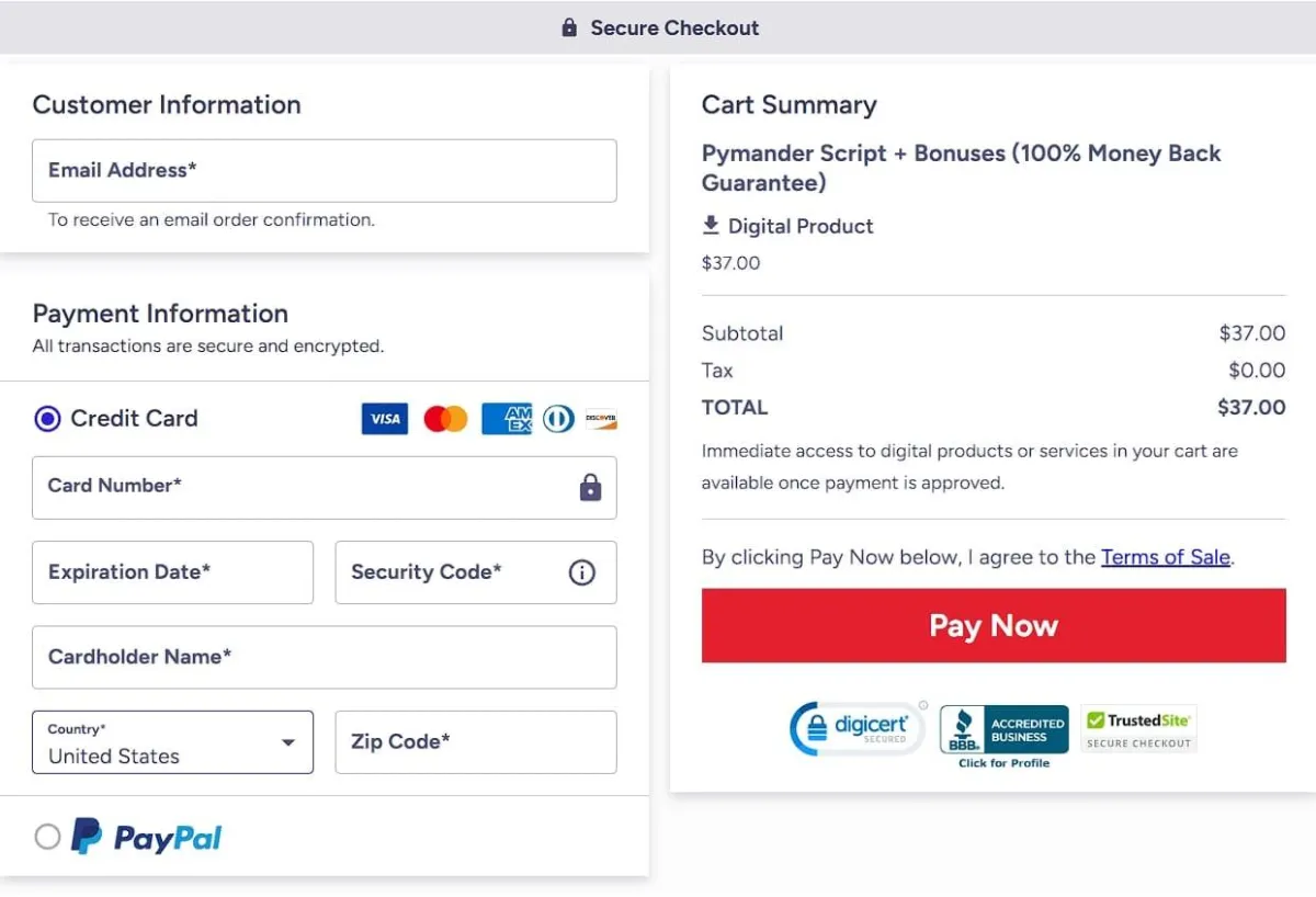 Pymander Wealth Script Checkout Page